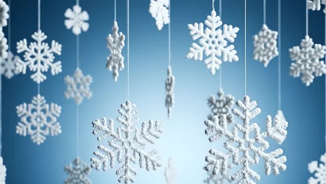 Beautiful white snowflake Christmas ornaments hanging on threads