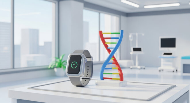 Smartwatch and dna helix in modern medical research lab - Powered by Adobe