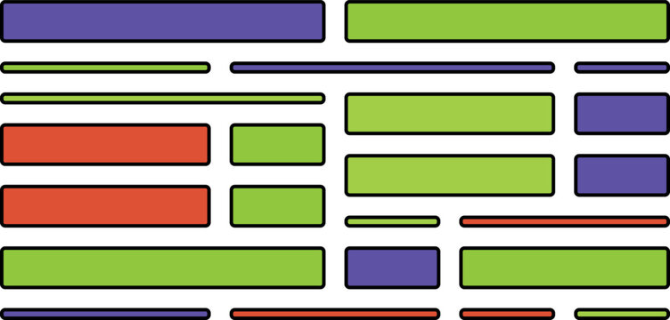 Abstract composition of colorful rectangular shapes in varying sizes and orientations against a white background