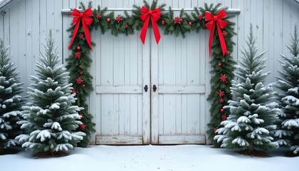Rustic white barn doors decorated for winter holidays with green garland and red bows. Snow covered fir trees surround entrance. Festive seasonal welcome.