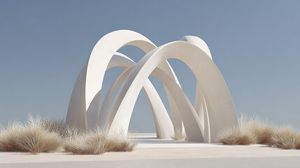 Minimalist white abstract sculpture with flowing curves and dry grass arches