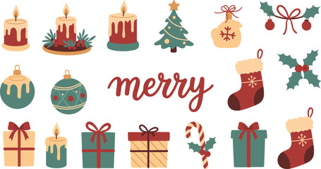 Christmas festive elements, candles, tree, stockings, ornaments, holly, gifts, candy cane, merry text, holiday decor, flat vector illustration © MdNaimurRahaman