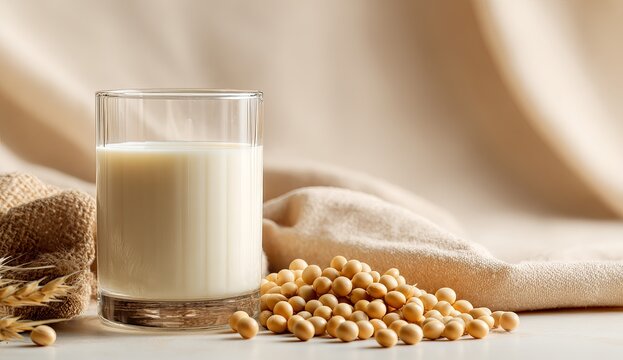 Glass of white milk and pile of soybeans on table soy milk