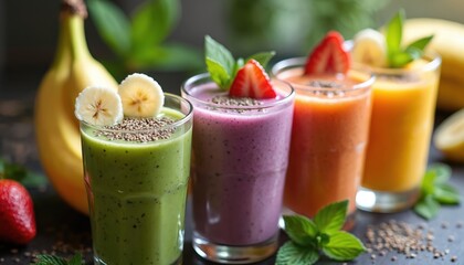 Vibrant assortment of colorful fruit smoothies in clear glasses. Fresh bananas strawberries, mint garnish healthy drinks appealing to wellness lifestyle. Perfect for nutrition food blogs health