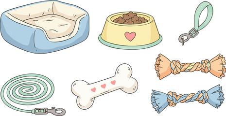 Dog accessories cartoon set, bed, bowl, collar, leash, bone toy, rope toys, pet supplies, flat vector illustration © MdNaimurRahaman