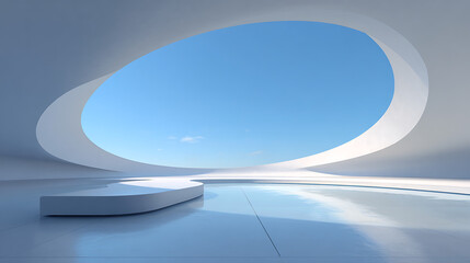 Smooth white curves frame bright blue sky over reflective floor architecture futuristic