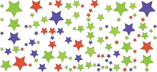 A scattered pattern of colorful stars, including green, purple, and red, isolated on a white background