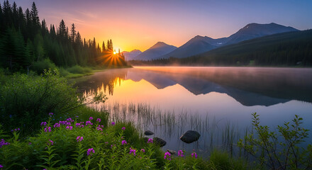 Sunrise over mountain lake with reflection and wildflowers in the foreground at dawn peaceful scene ai generated