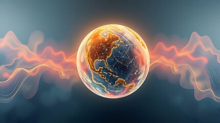 A captivating digital rendering showcases a vibrant, glowing earth suspended amidst dynamic, undulating waves of energy, symbolizing global connectivity and technological advancement