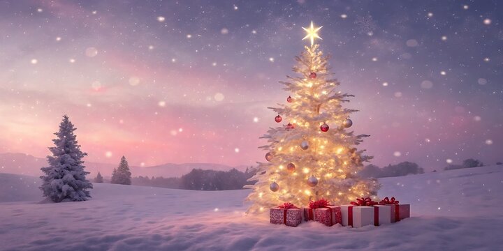 Enchanting winter wonderland scene with a twinkling christmas tree and gifts under a starry snowfall sky