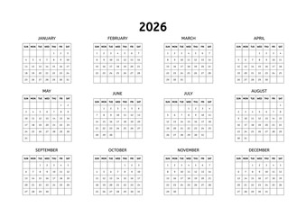 Wall Calendar of 2026 for school and business.