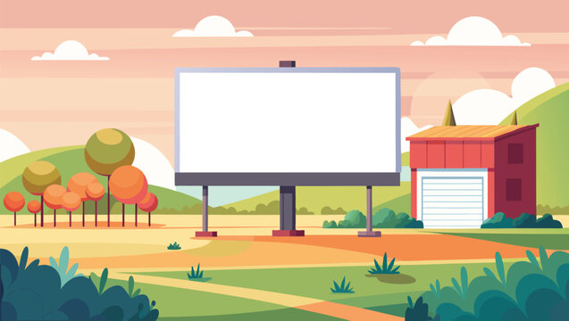 Vibrant outdoor billboard awaits your compelling message against a picturesque, stylized landscape with a cozy red building and rolling hills