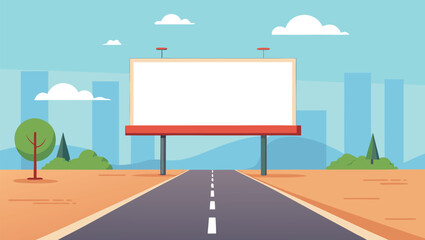 Blank billboard awaits your impactful message on a scenic roadside with city skyline backdrop and vibrant green trees