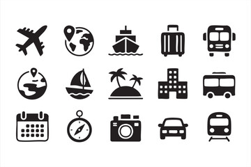 Black and white vacation symbols for navigation tools and travel planning