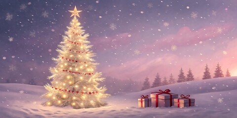 Enchanting christmas eve scene with a glowing tree and gifts in a snowy landscape under a starry sky