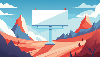 Vibrant stylized landscape showcases a blank billboard ready for your impactful advertising message against a backdrop of dramatic mountains and sky