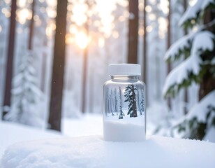 Glass jar holds miniature snow-covered trees in sunlit winter forest