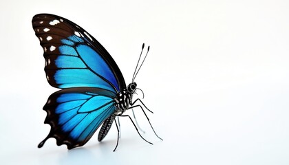 Obraz premium Macro view of vibrant blue butterfly with black wing patterns. Insect rests on pure white surface. Creature shows delicate detail and natural beauty. Its antenna are visible.