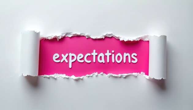 Torn paper word expectations. Inscription expectations on pink background. Concept of setting goals, anticipation. Abstract photo relates to success, growth, personal development, positive mindset
