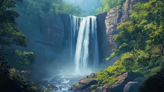 Spectacular Stewart Falls cascading through lush greenery in a serene landscape, Beautiful Stewart Falls Wide, Locked Off Shot