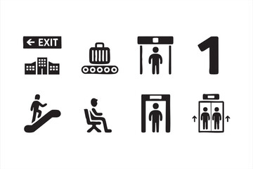 Black and white airport pictograms for signage, UI design, and wayfinding