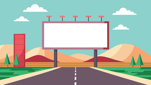 Blank billboard awaits your message on a scenic road leading to rolling hills and a modern cityscape, perfect for advertising campaigns.