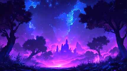 Naklejka premium A Mystical Castle Bathed in Vibrant Cosmic Hues Under a Starry, Electric Sky