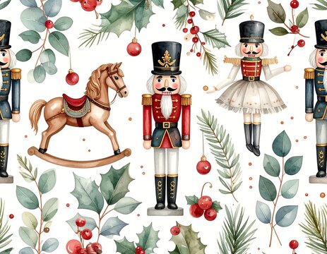 Festive watercolor pattern featuring holiday elements