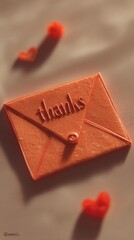 3D "thanks" message in orange envelope with hearts on vertical orange background for thanksgiving valentine's day flat lay greeting card
