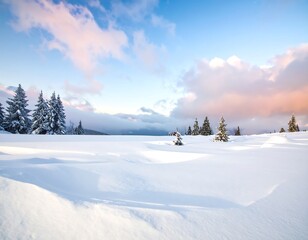 Pristine winter landscape with snow-covered ground, fir trees and sunset sky