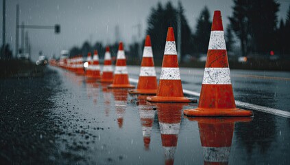 Rainy road closure with traffic cones