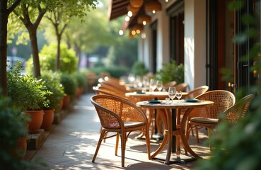 Fototapeta premium Outdoor cafe seating with empty rattan chairs and tables set with glassware awaits diners. Lush green plants line pavement outside building under sunny sky. Inviting patio dining.