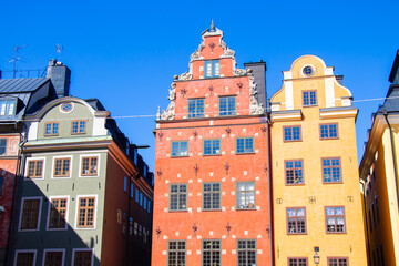 Fototapeta premium Close-up of Colorful Historic Buildings in Stortorget Square, Gamla Stan Old Town, Stockholm