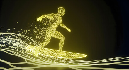 Surfer riding a digital wave in a futuristic, abstract, illuminated grid-like landscape