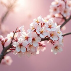 Obraz premium Illustration delicate cherry blossoms. Soft pink background blends seamlessly. Blooming flowers on branch create dreamy, serene scene. Pastel colors evoke peacefulness. Perfect for design projects.
