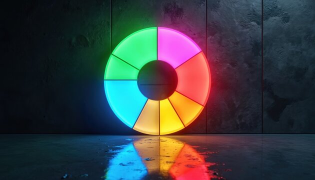 Circular chart glows intensely against dark backdrop. Eight vibrant segments display data with neon colours. Graphic represents analysis, information visualization for business reports presentations. - Powered by Adobe