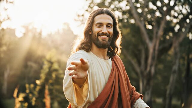 A beautiful Jesus Christ extends his hand and smiles warmly, sacred, virtue