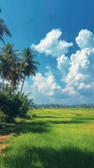 Lush rice fields under a bright blue sky with fluffy clouds and palm trees