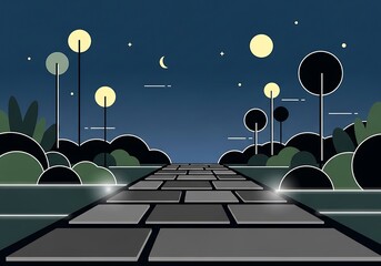 Enigmatic moonlit pathway amidst stylized vegetation under nocturnal sky