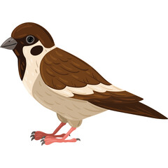 Pixel Art Sparrow Bird with Brown and White Feathers Standing on Pink Legs with Dark Eyes and Beak on Transparent Background