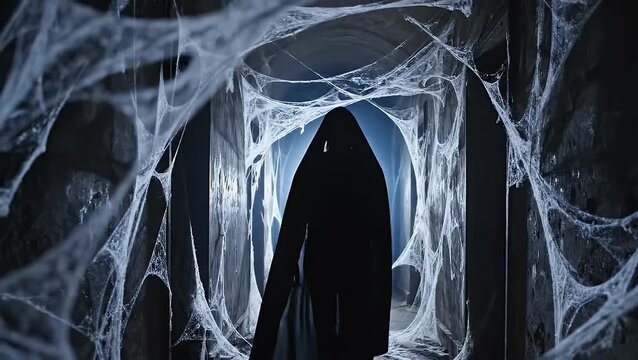 A cloaked figure stands in a dark hallway full of cobwebs