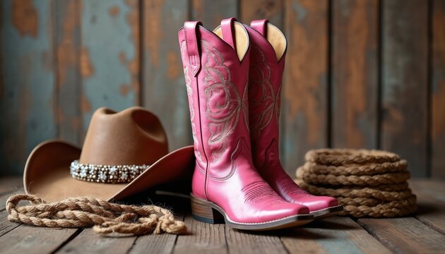 Pink cowgirl boots with embroidery on wooden floor. Cowboy hat with rhinestones, lasso rope nearby. Boots pink leather with heel, pointed toes. Hat brown with wide brim, decorative band. Lasso rope