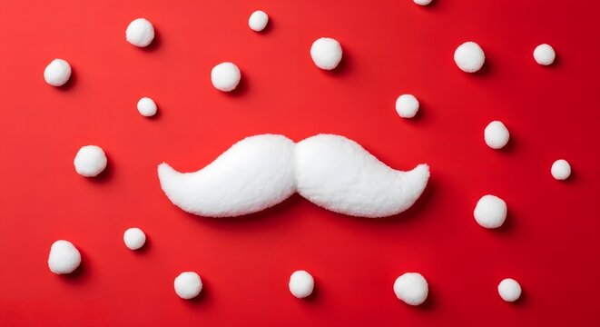 Whimsical white mustache made of cotton balls on a vibrant red background with scattered cotton balls - Powered by Adobe