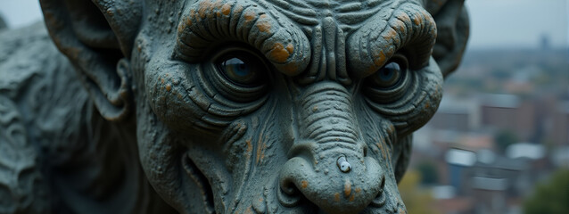 Stone gargoyle statue with intricate details and weathered finish