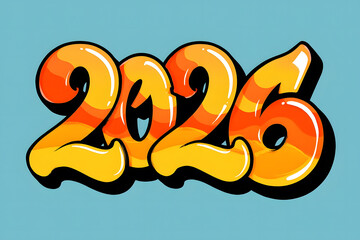 Graffiti style 2026 numbers with orange and yellow gradient on blue background