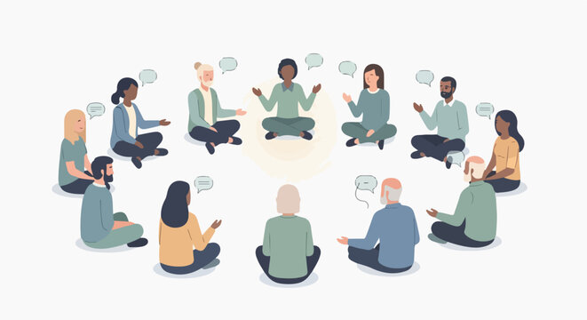 Illustration of a diverse group of people sitting in a circle meditating with thought bubbles above their heads on a plain white background.