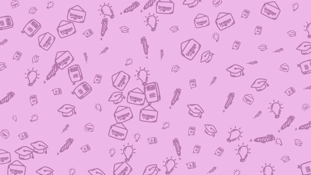 animated education icon seamless pattern Creative design elements like lightbulbs, feathers, books, and doodles scattered. Perfect for web banners, social media posts, or stationery.