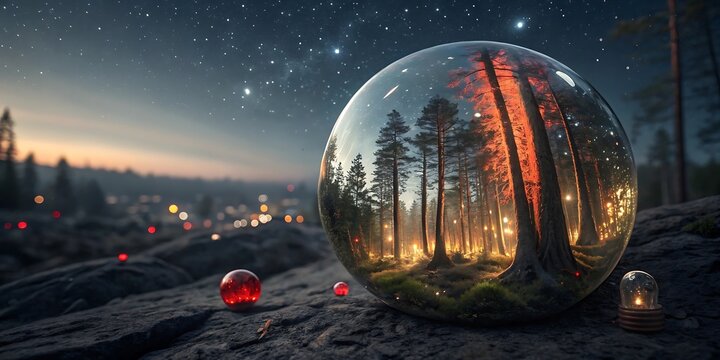 Enchanting crystal egg reflecting a mystical forest village under a starry night sky