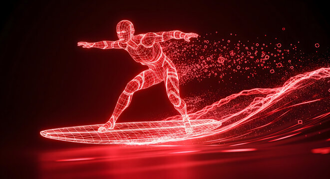 Abstract digital surfer silhouette riding a radiant red energetic wave, symbolizing technological flow and dynamic virtual movement in a cybernetic realm