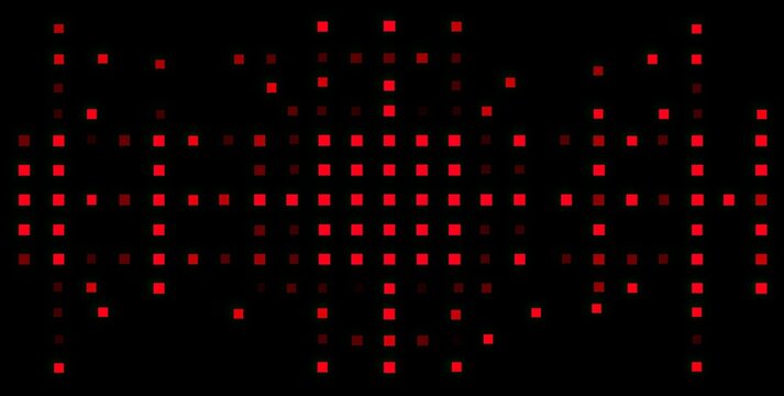 Abstract black backdrop with a grid of red illuminated squares forming symmetrical wave